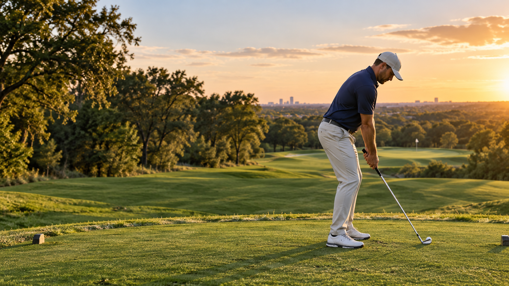 Right-handed golfer addressing a seven iron toward a distant par-three flag at sunset